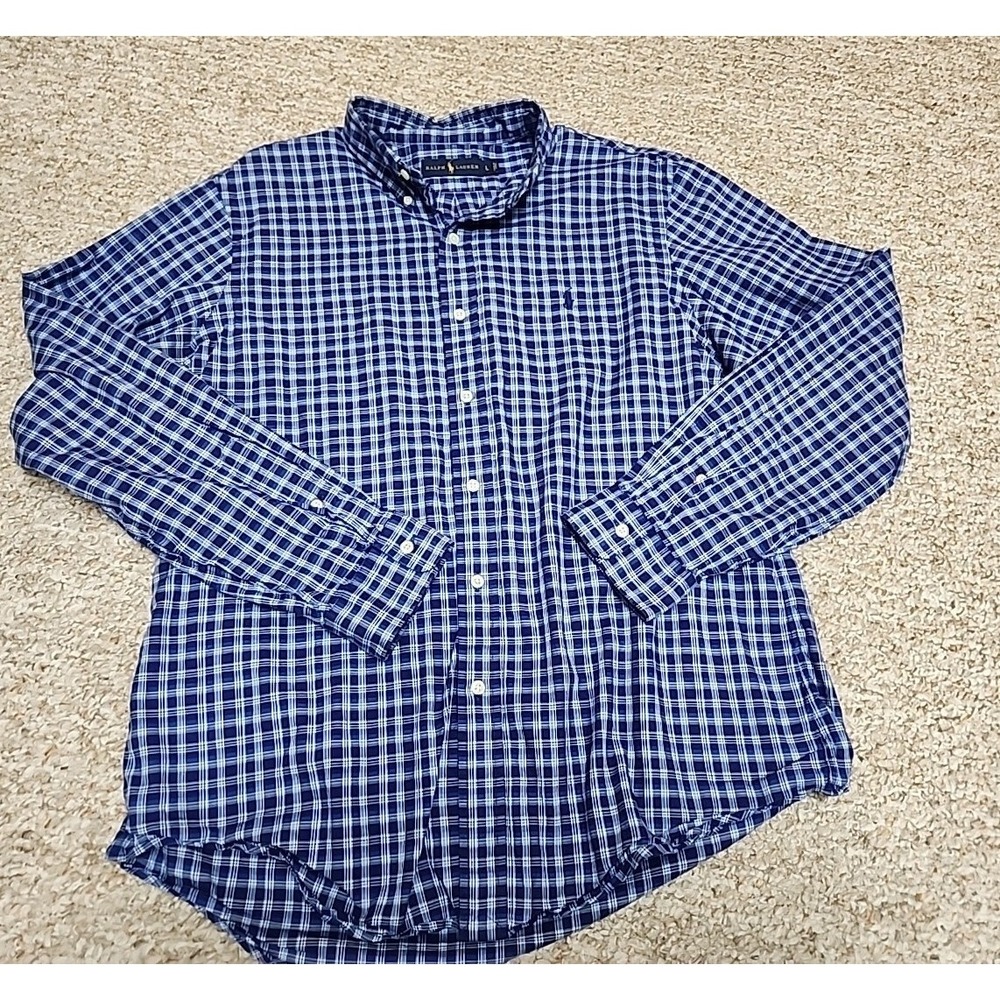 Ralph Lauren Blue Plaid Long Sleeve Button Logo Shirt‎ Size L